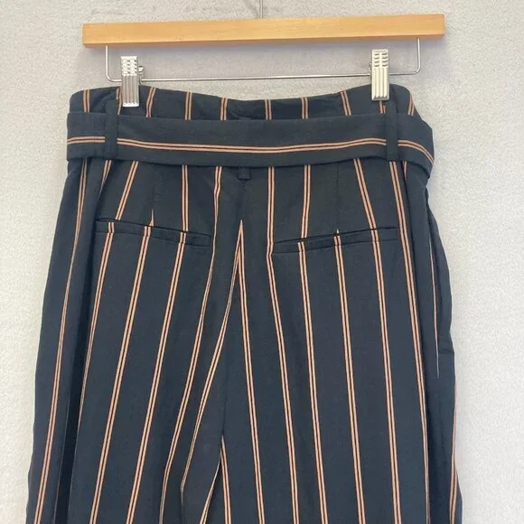 Vince Wide Leg Paperbag Belted Dress Pants Womens 6 Blue Striped Preppy Crepe